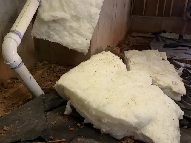 Fallen insulation and damp plastic in a crawl space before remediation