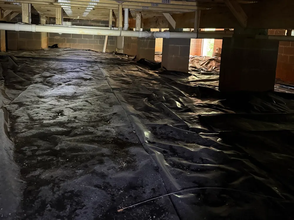 Damp bare dirt and torn plastic in a vented crawl space