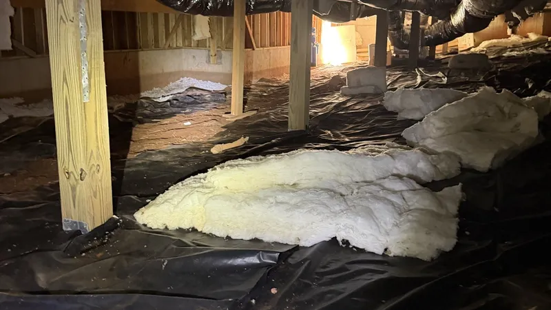Before: a dark crawl space with torn plastic and a fallen batt under the joists