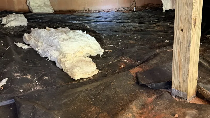 Torn black plastic over bare dirt in a crawl space, before any work
