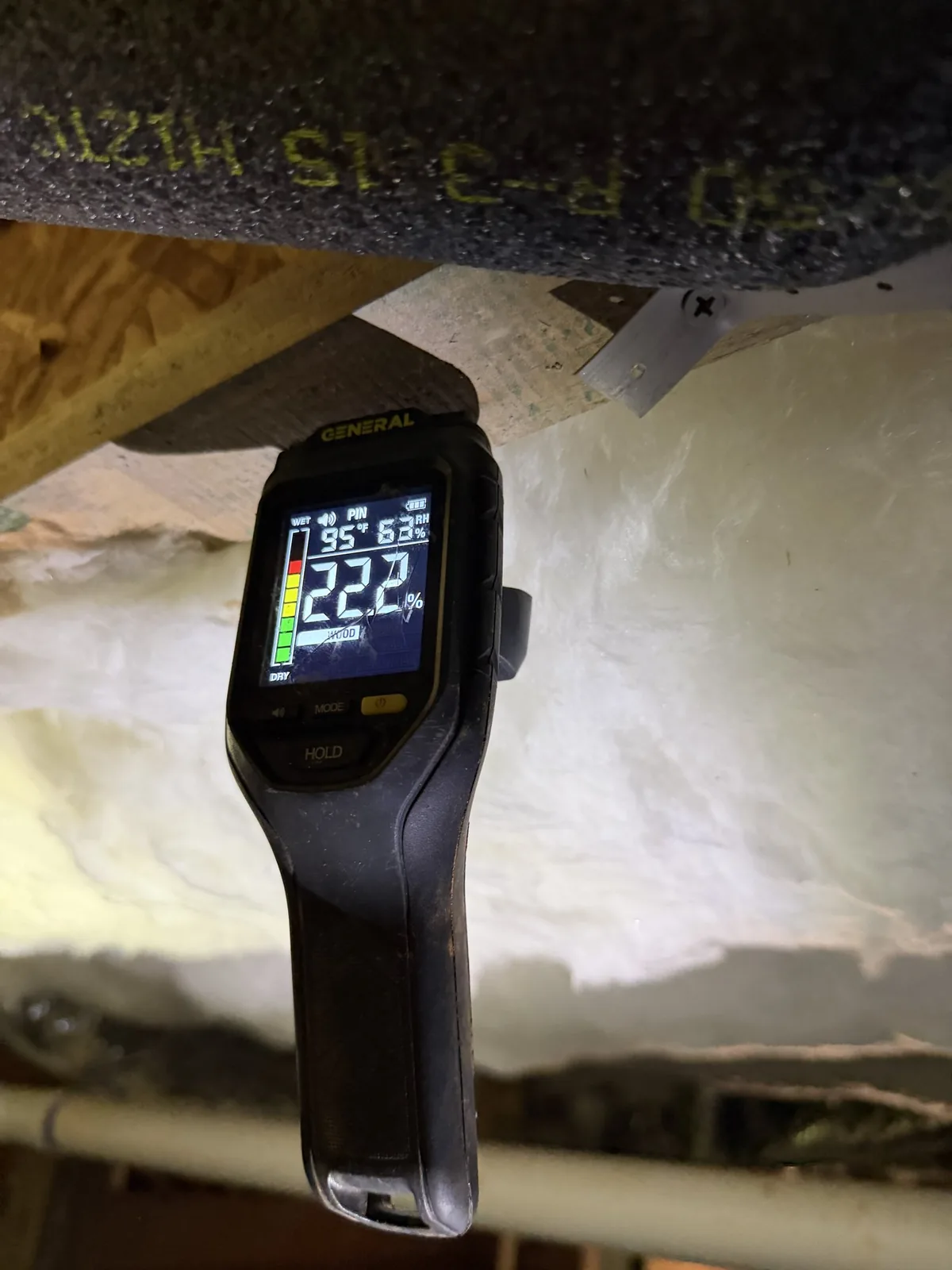 Our pin moisture meter reading 22.2 percent in the wood, on one of our inspections