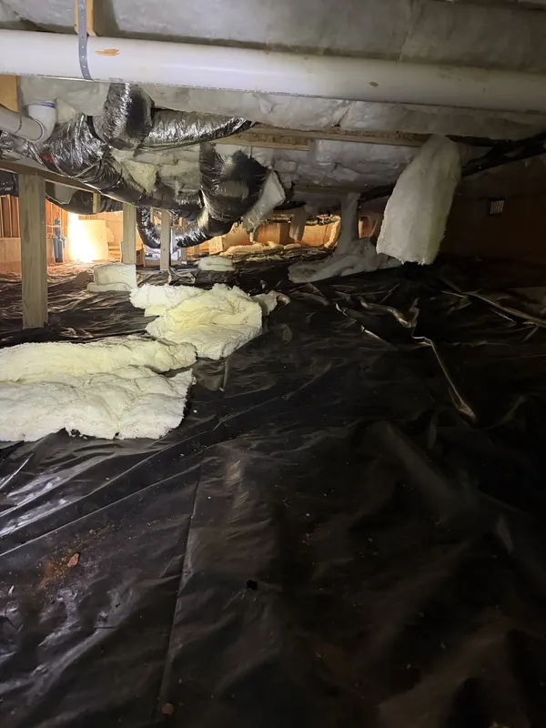 Yellow insulation scattered over dark plastic deep in a crawl space